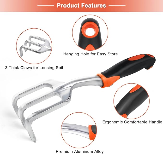 Garden Tool Set, 2 Pack Heavy Duty Gardening Tools Set Include Garden Shovel and Hand Rake Claw Tool with Ergonomic Handle, Small Gardening Hand Tools for Digging Weeding Planting Transplanting