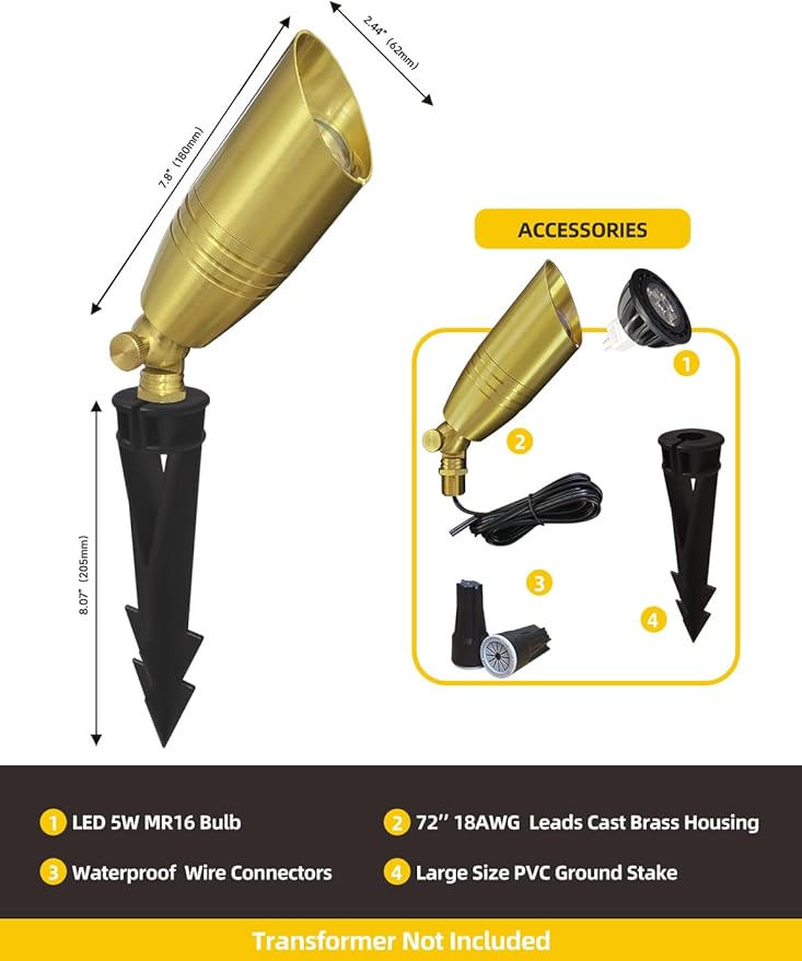 COLOER Die-cast Brass Landscape Spotlight 6-Pack with 5W Aluminum Housing LED MR16 Bulb,12V AC/DC Low Voltage Copper Outdoor Lighting, Directional Garden Patio Spot Up Light (102B Brass Finish)