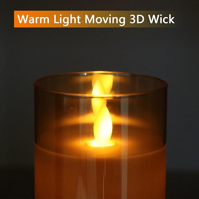 Glass Realistic Flickering Flameless Candles with Remote Timer, LED Pillar Candles Battery Operated with 3D Wick, Real Wax Fake Candles Home Decor for Wedding Festival Party