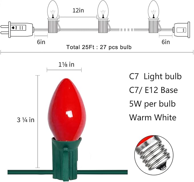 C7 Christmas Lights Outdoor, 25Ft C7 Red and White Christmas Lights with 27 Ceramic Incandescent Bulbs Vintage Christmas Light for Holiday Party Roofline Home Garden Patio Tree Decorations