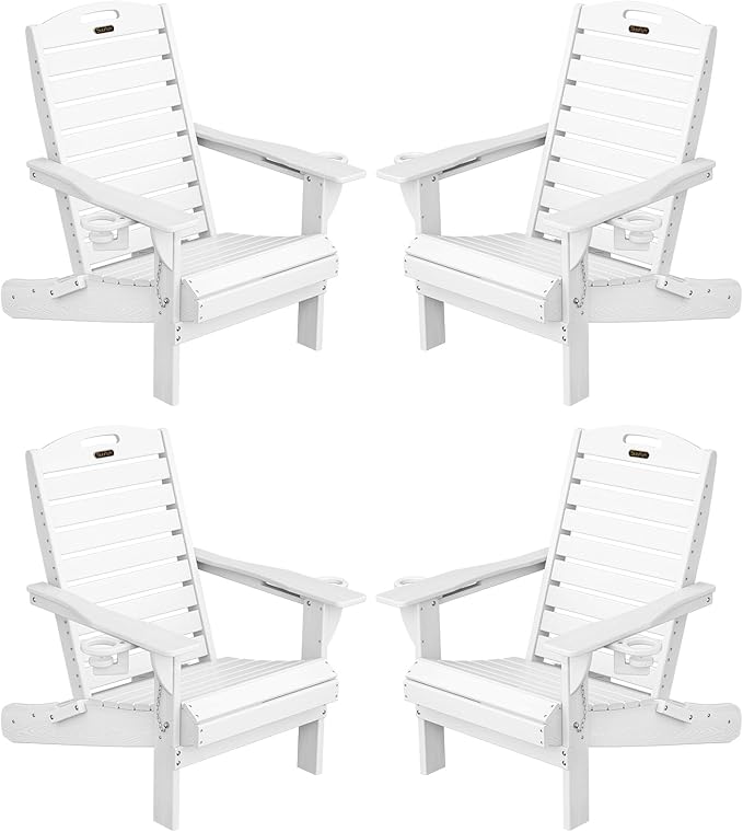 Adirondack Chairs Set of 4, Outdoor Fire Pit Chairs, HDPE All-Weather Adirondack Chairs with Cup Holder, Lawn Chair for Deck, Patio, Garden (White)