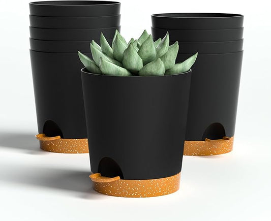 4 inch Small Plant Pots for Outdoor Indoor Plants, 10 Pack Planters with Drainage Holes and Tray, Small Self Watering Pots for Succulent, Cactus, Aloe and Other Plants (Black)
