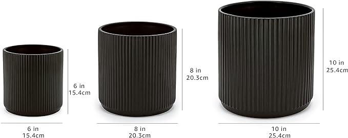 Amazon Basics Assorted Sizes Fluted Ceramic Round Planters, Set of 3, Black, 6-Inch, 8-Inch, 10-Inch
