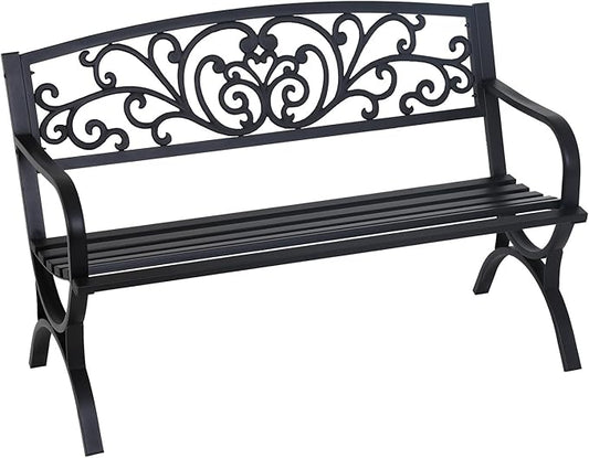 FDW Outdoor 50 Inches Garden Bench, Slatted Seat Armrests Floral Design Backres and Arch Legs, Perfect for Park, Yard, Porch, Lawn, Balcony, Backyard, Black