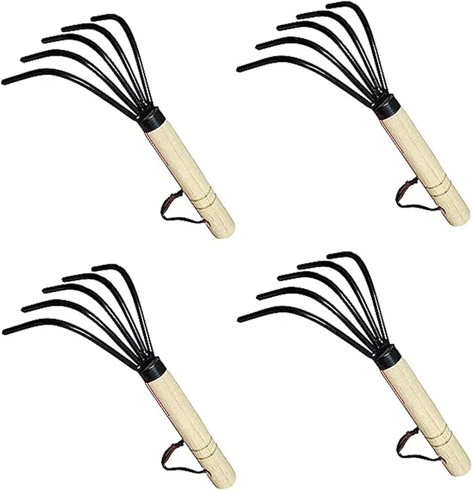 Garden Guru Hand Rake Cultivator Claw Soil Tiller - Military Grade Steel - Rust Resistant - 5 Tine Japanese Ninja Claw - Comfortable Wood Handle - Perfect Pulverized and Aerated Soil (4 Pack)