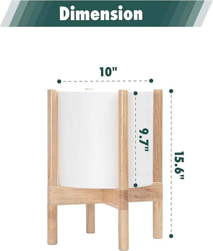 D'vine Dev Planter Pot with Stand - 10 Inch Plastic Cylinder Flower Pot with Wood Planter Holder for Indoor, Matte White Pot + Natural Stand, 55-C-M-1
