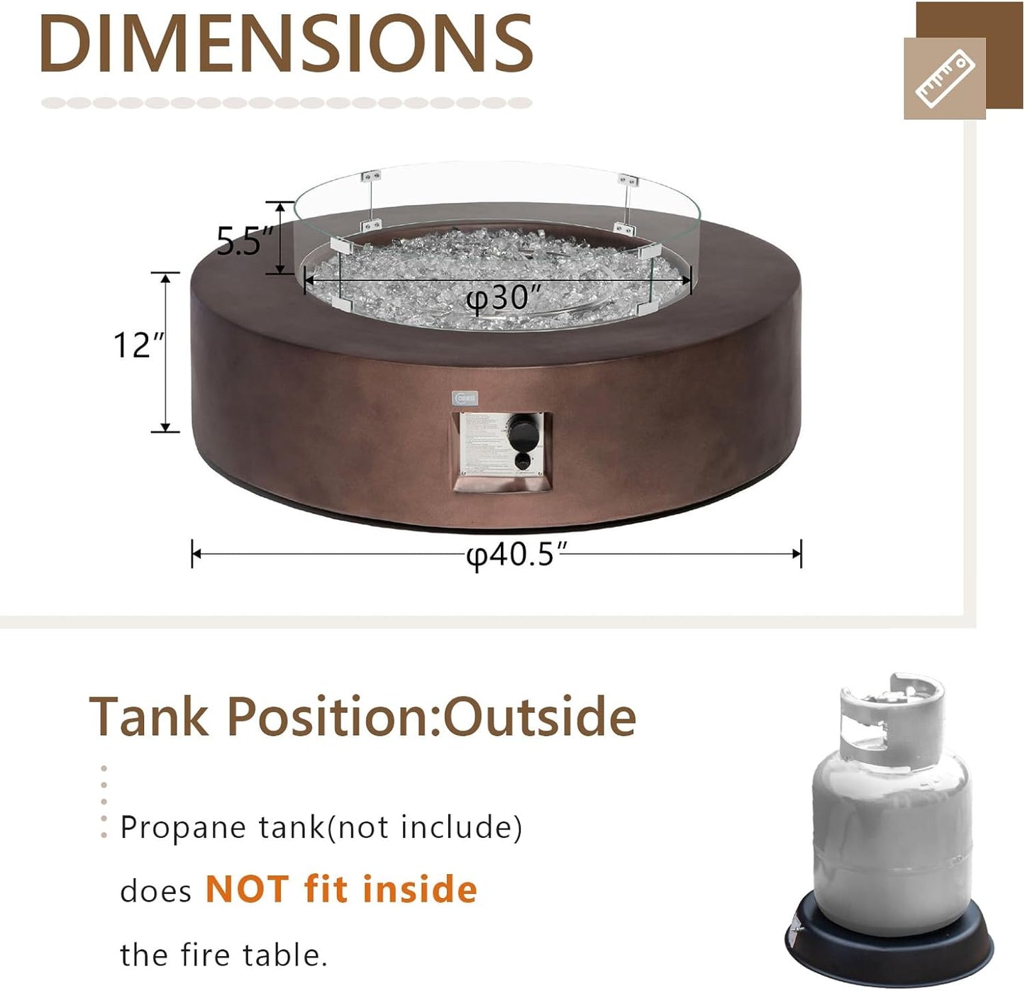 COSIEST Outdoor Propane Fire Pit Coffee Table w Bronze 42 inch Round Base Patio Heater, CSA Certified, 50,000 BTU Stainless Steel Burner, Wind Guard, Transparent Gray Fire Glass, Waterproof Cover