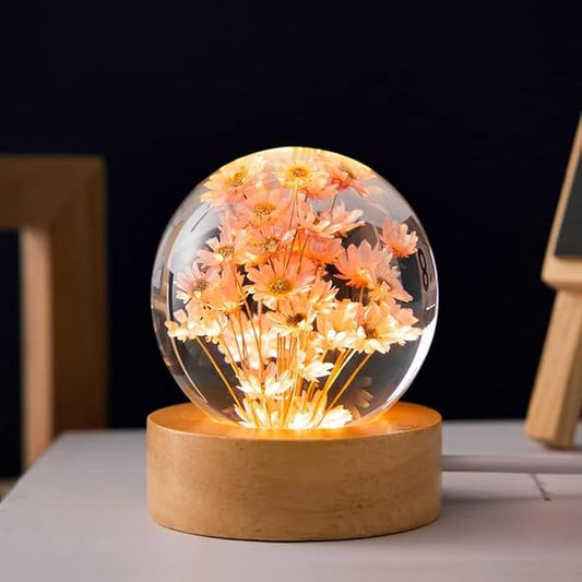 Flower Crystal Ball Night Light,2.4 inch Glass Ball Night Lamp with Woodern Base (Red Daisy)