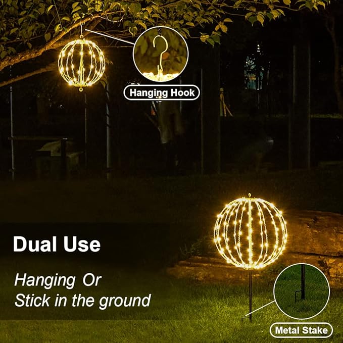 Christmas Ball Light Sphere, 20IN 200LED Hanging Tree Light and Pathway Lights with Hook and Stake, Foldable Metal Frame Light Ball for Outdoor Garden, UL Listed, Brown Frame, Warm White