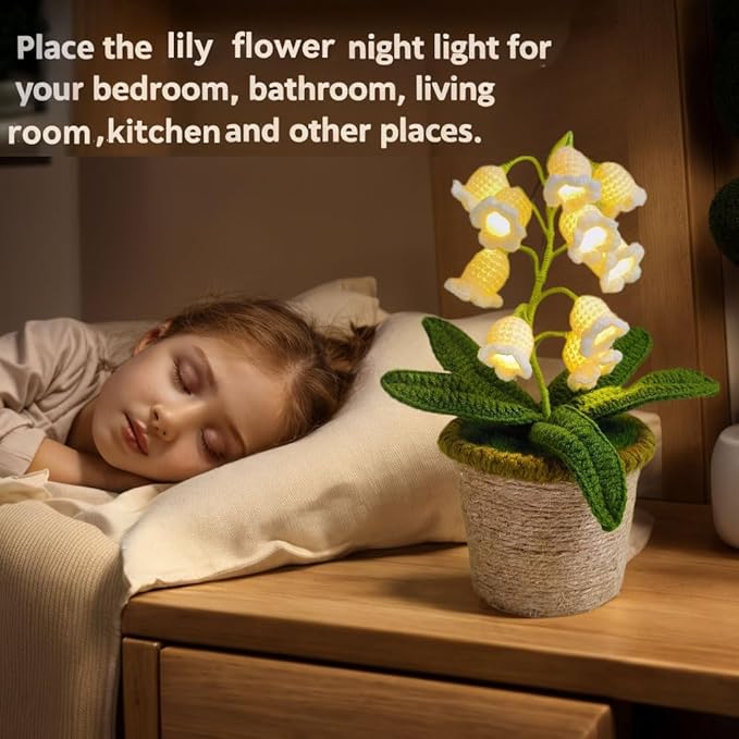 Lily of The Valley Lamp, Crochet Artificial Flower with 10 Little Night Lights, Cute Gifts for Women Wife Girlfriend Birthday Christmas Valentine Mother's Day -Large