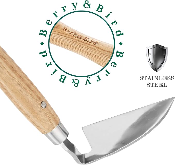 Berry&Bird Japanese Weeder-Scraper-Hoe, 12.67-Inch Gardening Sickle Hoe, Stainless Steel Bent Angle Weeding Sickle, Weeder Hoe with Ergonomic Ash Wood Handle for Weeding, Soil loosening, Digging