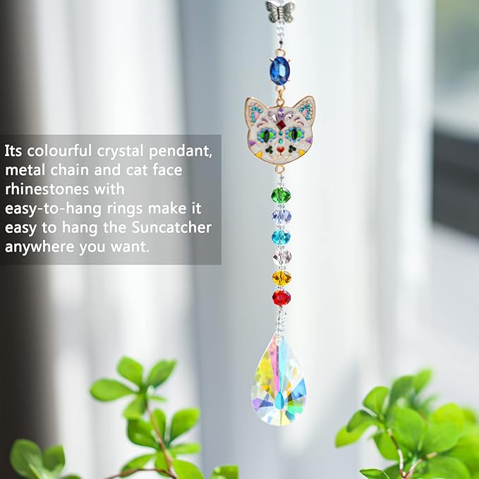 Crystal Rhinestones Suncatcher Cat Face Shaped with Butterfly Window Hang Pendant, Rainbow Crystal Colorful Prisms Ornament Gift Christmas Tree Decoration