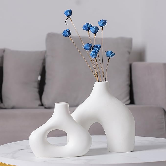 CEMABT White Ceramic Vase Set of 2 for Modern Minimalist Bohemian Decor，Round Matte Donut Vases for Pampas Grass-Perfect for Living Room, Dining Table, Office Bedroom Shelf Decor Entryway, Console