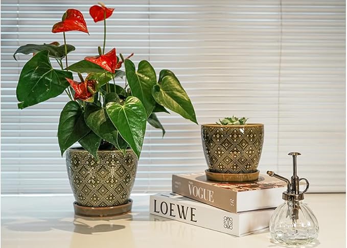Docrin Ceramic Plant Pots Indoor, 6.6 + 5.5 Inch Planters with Drainage Holes and Saucer for Home/Office - Set of 2 /Dark Green
