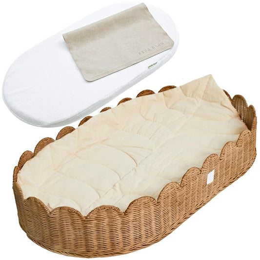 BEBE BASK Premium Baby Changing Basket - Artisan-Crafted Scalloped Rattan - Changing Basket for Baby Dresser - All Accessories Included - Complete Set for Nursery (Mocca)