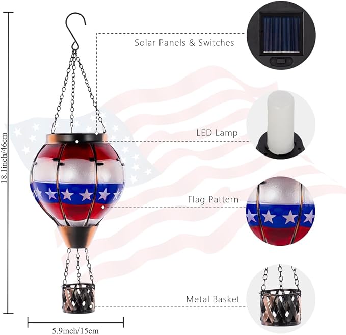DREAMSOUL Flag Hot Air Balloon Solar Lantern, Glass Solar Lantern with Flickering Flame, Hanging Waterproof Solar Lanterns Outdoor Flag Day for Patio Decor, Fourth of July Decorations Christmas Gifts