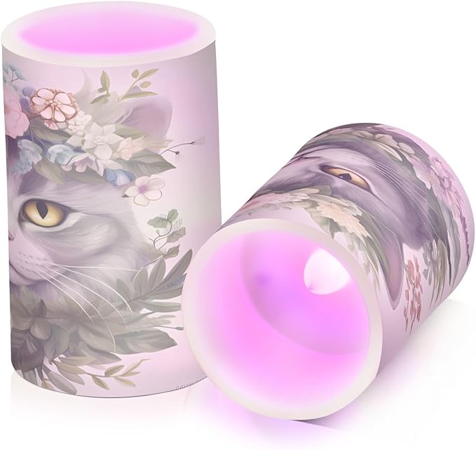Flickering Flameless Candles, Cat Head Flowers LED Candles with Remote Timer, Set of 2 Battery Operated Candle for Valentine Wedding Birthday