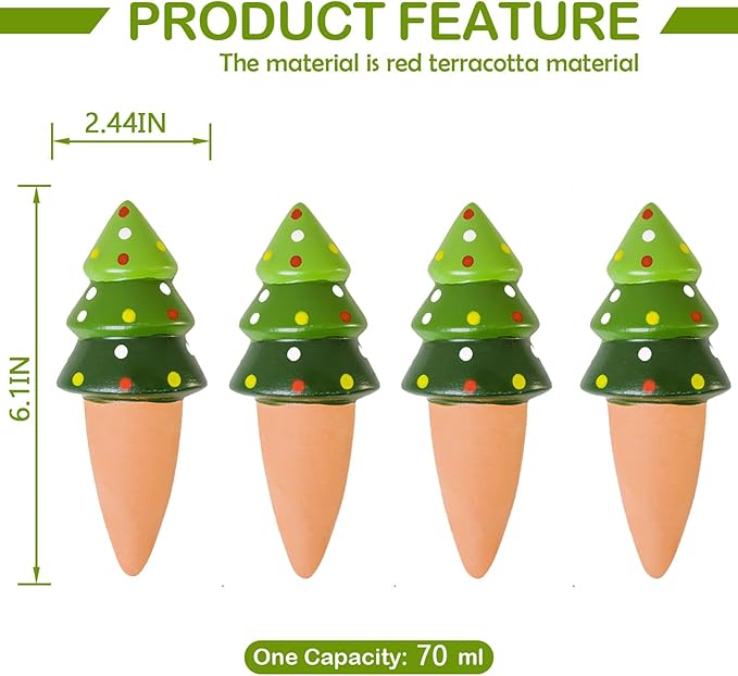 4 Pack Terracotta Christmas Tree Automatic Plant Watering Devices,Household self Watering Planter Insert, Watering Spikes for Indoor Plants,Holiday Potted Plant Continuous Moisture Device