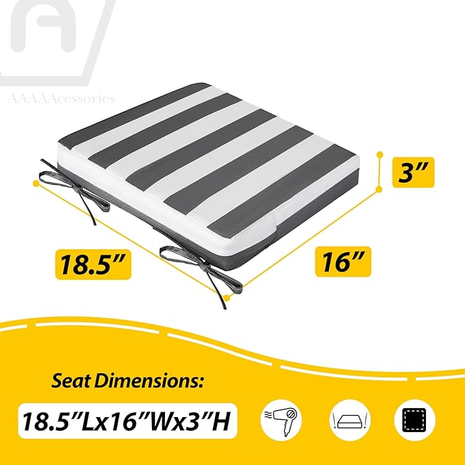 AAAAAcessories Outdoor Seat Cushions for Chairs, Waterproof, Fade-Resistant Patio Furniture Replacement Cushions, 18.5" x 16" x 3", Set of 2, Gray Cabana Stripe