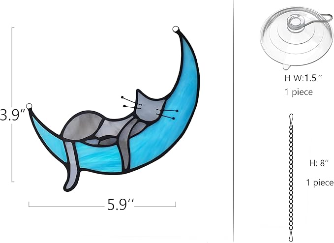 BOXCASA Sleeping Cat Stained Glass Windown Hanging,Grey Cat on Moon Beautiful Handcrafted Sun Catcher Gifts for Daughter,Mothers Day,Christmas and Cat Lover