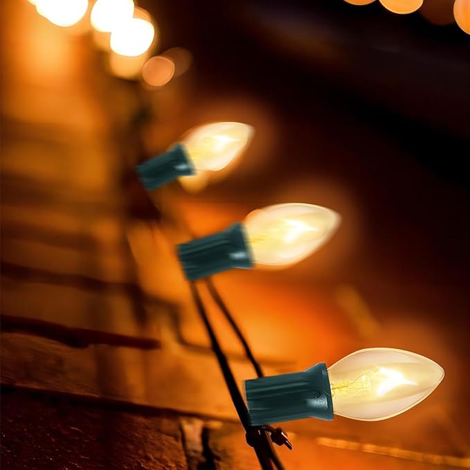 C7 Clear Christmas Lights, 25Ft Outdoor Christmas String Lights with 27 Warm White Incandescent Bulbs, Connectable Vintage Christmas Lights for Outdoor Patio Christmas Party House Decorations, Green