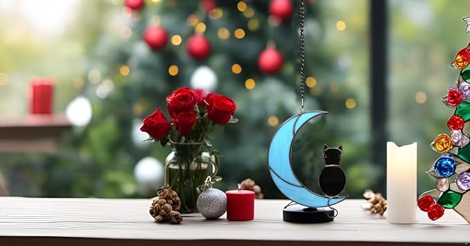 Black Cat Stained Glass Suncatcher,Cat Memorial Gifts for Loss of Cat,Cat Mom Gifts,Cat Sympathy Gifts for Cat Lovers,Window Hanging Ornament