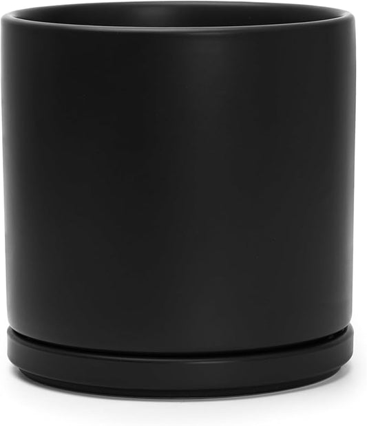 D'vine Dev 8 Inch Ceramic Planter Pot with Drainage Hole and Saucer, Indoor Cylinder Round Planter Pot, Black, 94-O-D-2