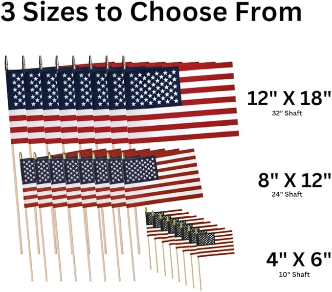 American Flags on Stick - Handheld Spearhead US Flag for 4th of July, Memorial Day Event Decorations - Patriotic Decor for Indoors & Yard - Wooden Stick, Cotton Fabric - (8"x12" -24 Pack)