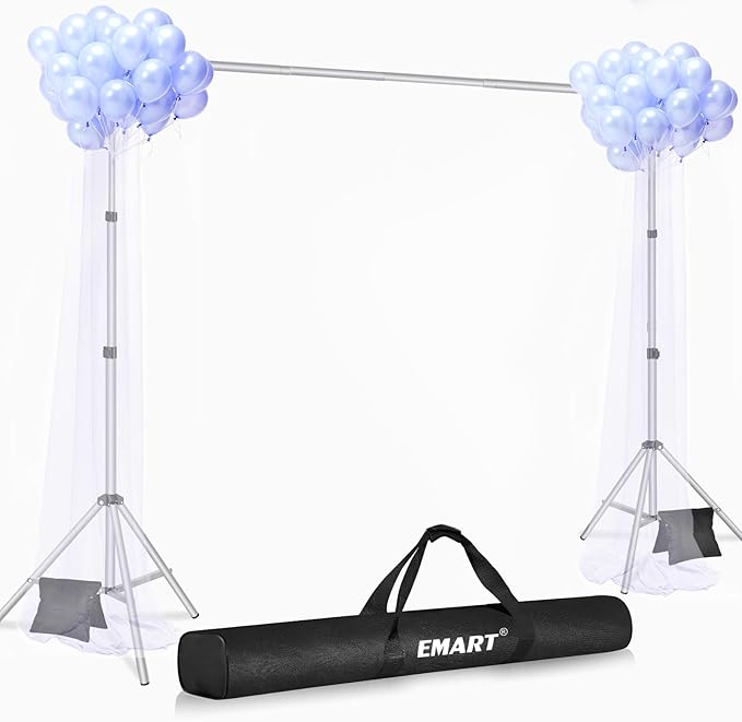 EMART Backdrop Stand 10x8.5ft(WxH) Photo Studio Adjustable Background Stand Support kit with 2 Crossbars, 8 Clamps, 2 Sandbags and Carry Bag for Parties, Events Decoration, Wedding, Photography-Silver