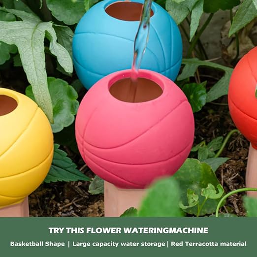 4 Pack Terracotta Watering Spikes, Vacation Self-Watering Planters Devices - Continuous Moisture with Slow Release Watering System - Perfect for Indoor Outdoor Plants (Basketball)