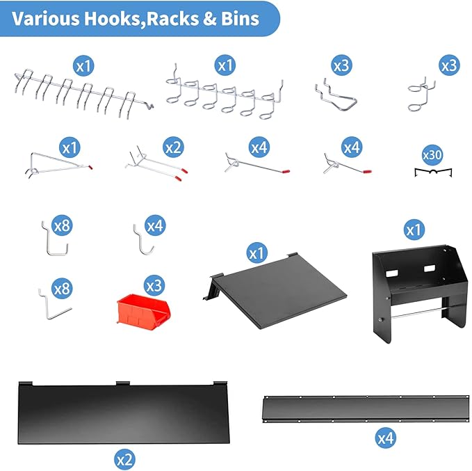 Ultrawall Peboard Storage Organizer, 48x36 inch Pegboard Wall Organizer, Metal Garage Peg Board with Toolboard, Utility Hooks, Overhead Shelf, 105pcs