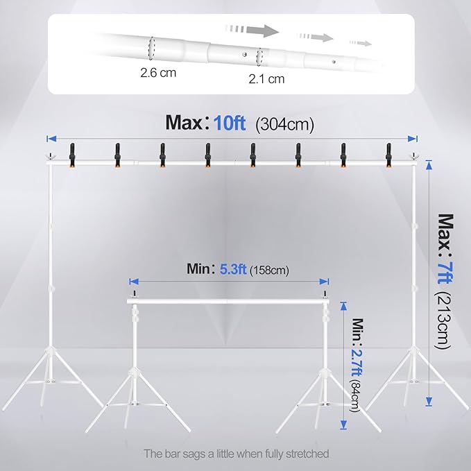 EMART Backdrop Stand 10x7ft(WxH) Photo Studio Adjustable Background Stand Support kit with 2 Crossbars, 8 Clamps, 2 Sandbags and Carry Bag for Parties, Events Decoration, Wedding, Photography -White