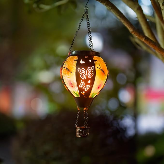 DREAMSOUL Butterfly Hot Air Balloon Solar Lantern, Glass & Metal Outdoor Lantern Hanging Solar Lanterns Outdoor Waterproof for Garden Patio Party