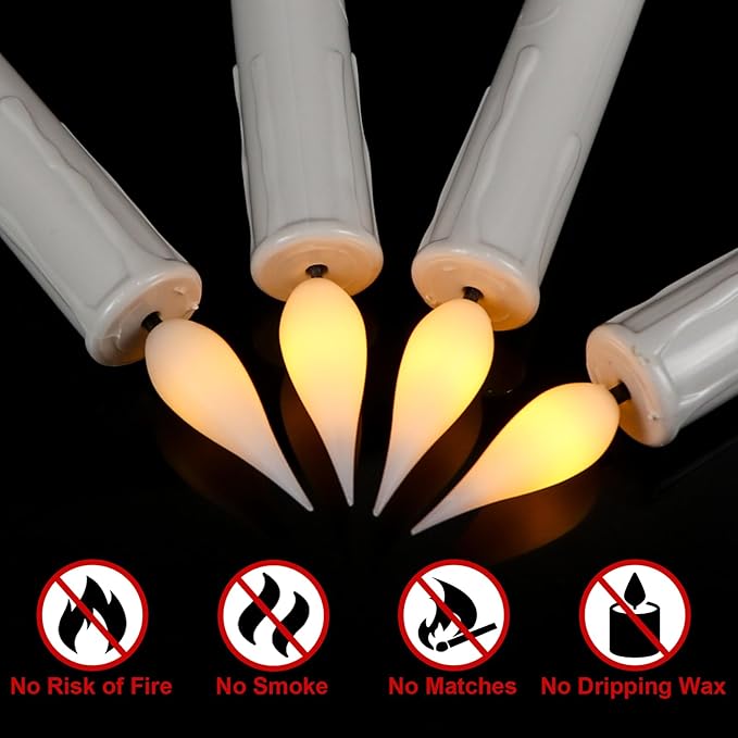 DRomance Christmas Tree Flameless Taper Candle Lights Battery Operated with 10-Key Remote and Timer, 30 Pack Plastic 3D Wick Flickering LED Taper Candles Multi-Using Home Garden Holiday Decor 3.4"