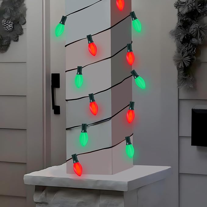 C7 LED Red and Green Christmas Lights, 25Ft Outdoor Christmas String Lights with 27 LED Red and Green Plastic Bulbs, Vintage Christmas Lighst for Outside Patio Backyard Tree Cafe Party House Decor