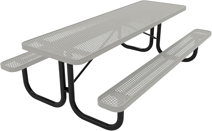 Coated Outdoor Furniture Heavy-Duty Portable Outdoor Picnic Table, Thermoplastic Coated Punched Steel Commercial-Grade Patio Dining Furniture Made in America (8ft Rectangular, Grey)