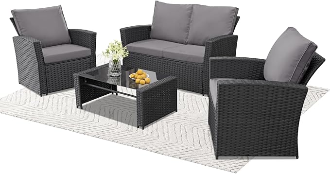 4 Piece Outdoor Patio Furniture Set,Wicker Conversation Sets Outdoor Sectional Patio Sofa Couch with Cushions & Coffee Table for Outside, Garden, Balcony, Porch,Black/Grey