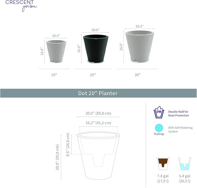 Crescent Garden Dot TruDrop Indoor/Outdoor Planter, Self-Watering Plant Pot, 20 Inches, (Mocha)