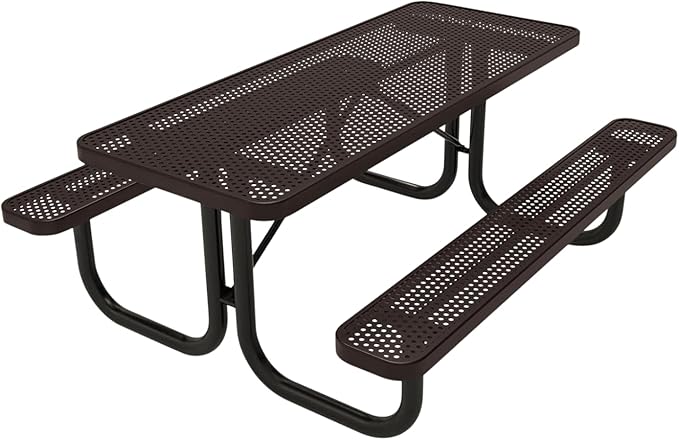 Coated Outdoor Furniture Heavy-Duty Portable Outdoor Picnic Table, Thermoplastic Coated Punched Steel Commercial-Grade Patio Dining Furniture Made in America (6ft Rectangular, Brown)