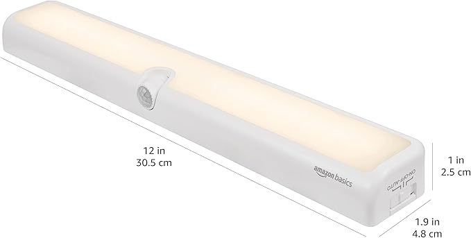 Amazon Basics LED USB/Battery Operated Light Bar, Swivel Motion Sensor, Stick on Lights, 250 Lumens, 12 Inches, Under Cabinet Lighting, Closet, Kitchen, 2 Pack, White