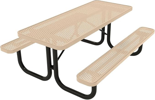 Coated Outdoor Furniture Heavy-Duty Portable Outdoor Picnic Table, Thermoplastic Coated Punched Steel Commercial-Grade Patio Dining Furniture Made in America (6ft Rectangular, Tan)