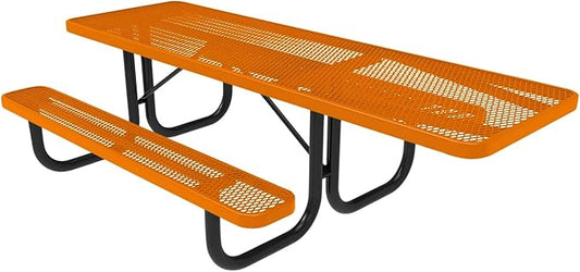 Coated Outdoor Furniture Heavy-Duty Portable ADA-Compliant Outdoor Picnic Table, Expanded Metal Patio Dining Furniture Made in America (8ft Rectangular, One-Side Handicap, Orange)