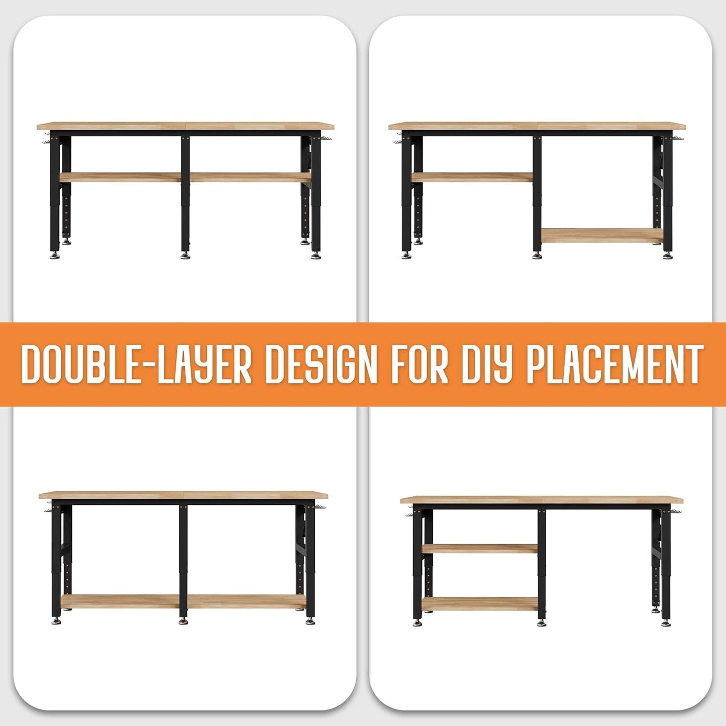 Albott 96" Adjustable 2-Tier Workbench with Solid Wood Top, Max 2000lbs Capacity, Built-in Power Strip with 4 AC Outlets & 2 USB Ports, Pegboard & 20 Hooks, Shop Garage Office