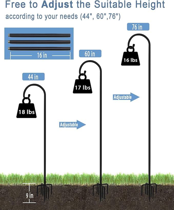 76 inch Outdoor Shepherd Hook with 5 Prong Base (2 Packs), Adjustable Heavy Duty Garden Hanging Stake for Bird Feeder Solar Light Plant Hanger Wedding Decor, Matte Black