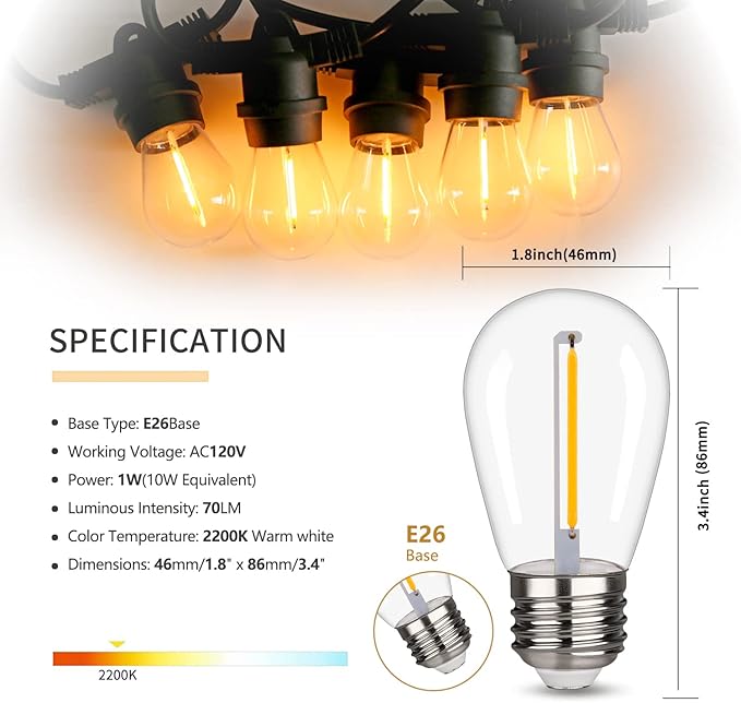 S14 Replacement LED Light Bulbs, Shatterproof & Waterproof 1W S14 LED Bulbs, E26 Base Patio Edison LED Light Bulbs for Outdoor String Lights , Warm White 2200K Plastic 70ML Non-Dimmable 48 Pack