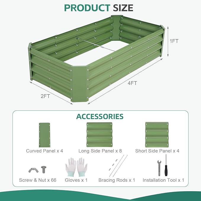 Galvanized Raised Garden Bed - 4x2x1ft Metal Garden Planter Box Outdoor | Steel Raised Bed Kit with Bracing Rods, Gloves for Gardening Vegetables Fruits and Flowers (Oliver Green)