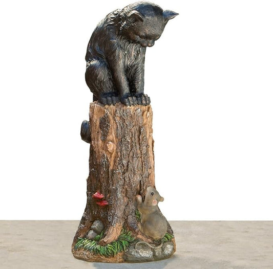 Bits and Pieces - Cat & Mouse Garden Statue- Outdoor Kitten on a Stump Sculpture - 17" Polyresin Home Décor Weather Resistant Lawn Ornament