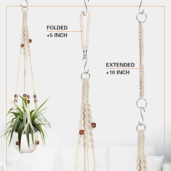 Augshy Macrame Plant Hanger, 2Pcs Hanging Plant Holder with Extender Plant Hangers for Indoor Outdoor Decor Macrame Hanging Planter Basket with 4 Hooks
