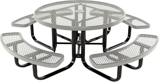 Coated Outdoor Furniture Heavy-Duty Portable Outdoor Kids Table with Umbrella Hole, Expanded Metal Kids Picnic Table, Commercial-Grade, Made in America (46 In, Round, Childrens, Gray)