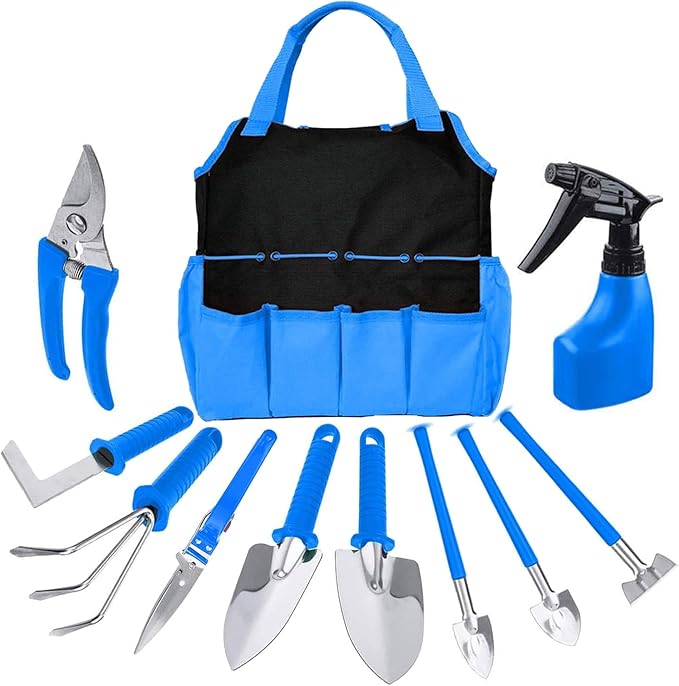 Garden Tools Set, 10 Pieces Stainless Steel,Gardening Tools kit with Handbag, Garden Hand Tools for Digging Planting Pruning, Garden Gifts for Women,Men (Tools + Bags)
